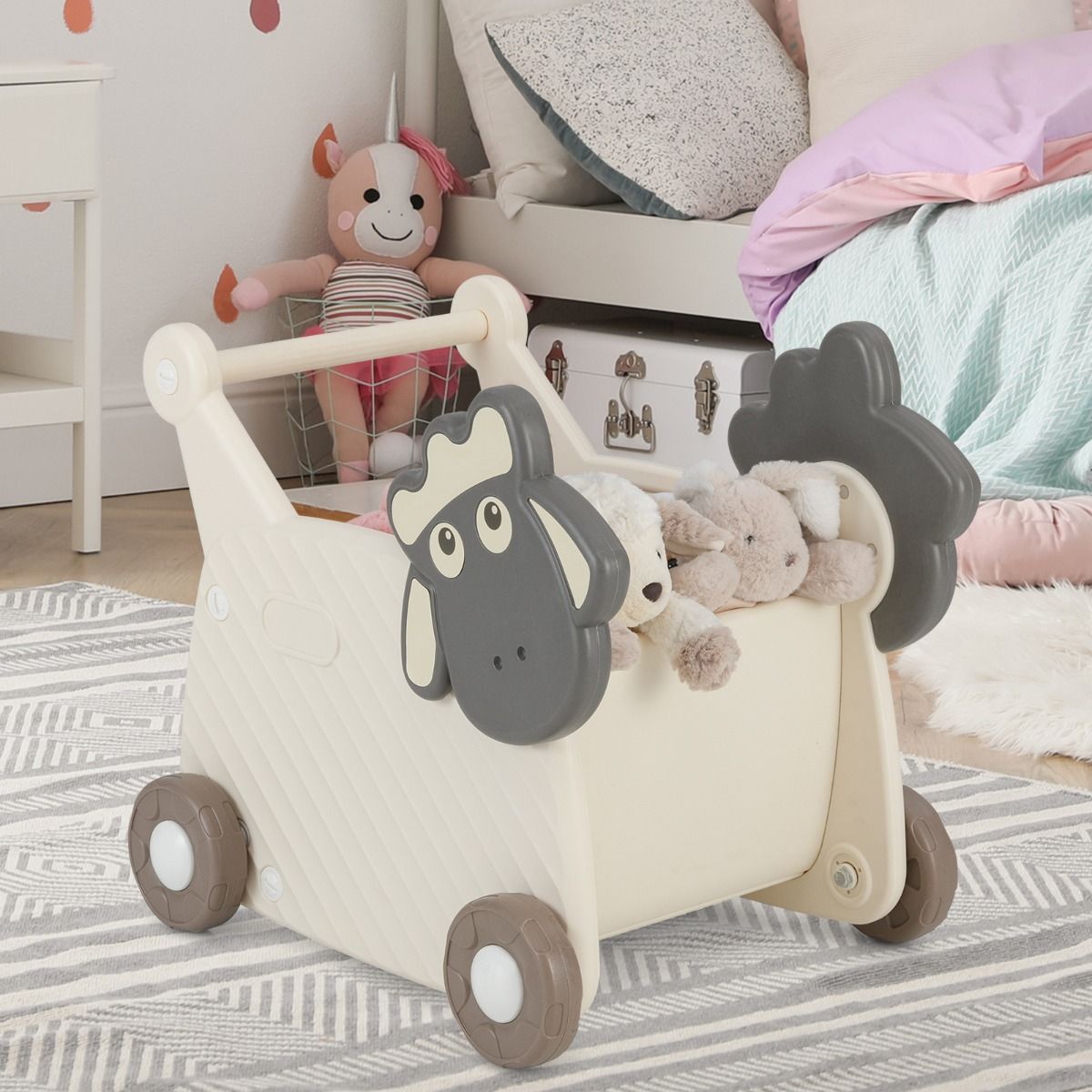 Coast Schaap Laufwagen für Kinder – 2-in-1-Aufbewahrungswagen und Lauflernhilfe – 18 Liter – Beige und Grau