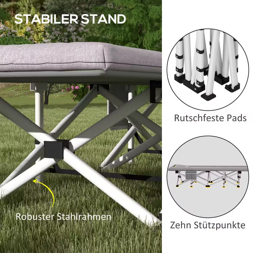 Outsunny Campingbett faltbar - 200 kg Belastbarkeit, inkl. Matratze, Kissen & Organizer - Grau, 200 x 65 x 42 cm