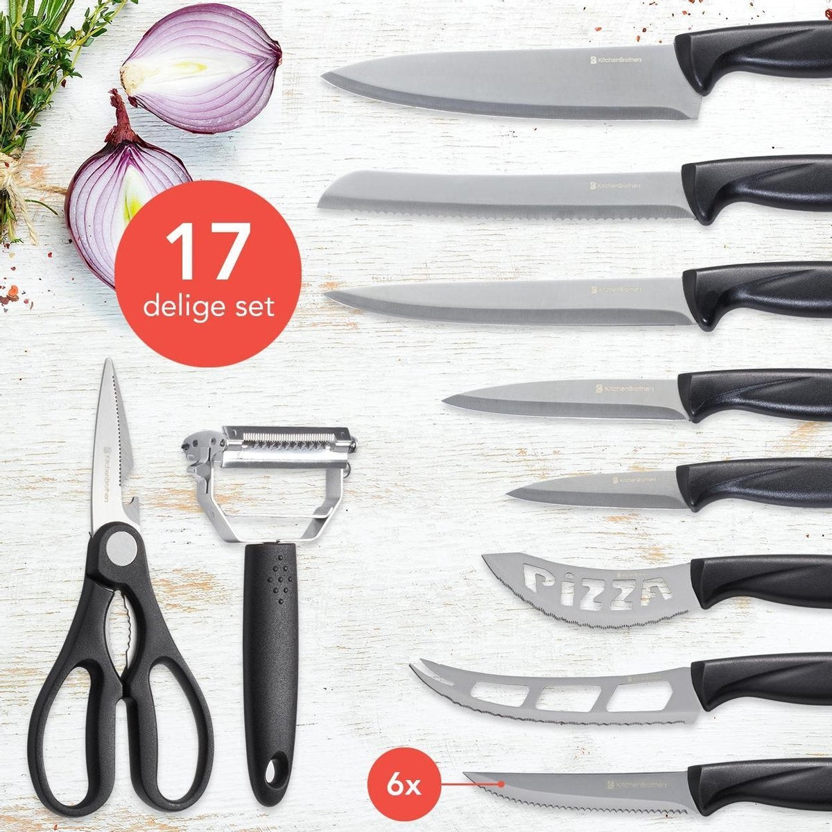 KitchenBrothers Messerset - Messerblock - 17-teilig - mit Küchenschere und Messerschärfer - rostfreier Stahl/Schwarz