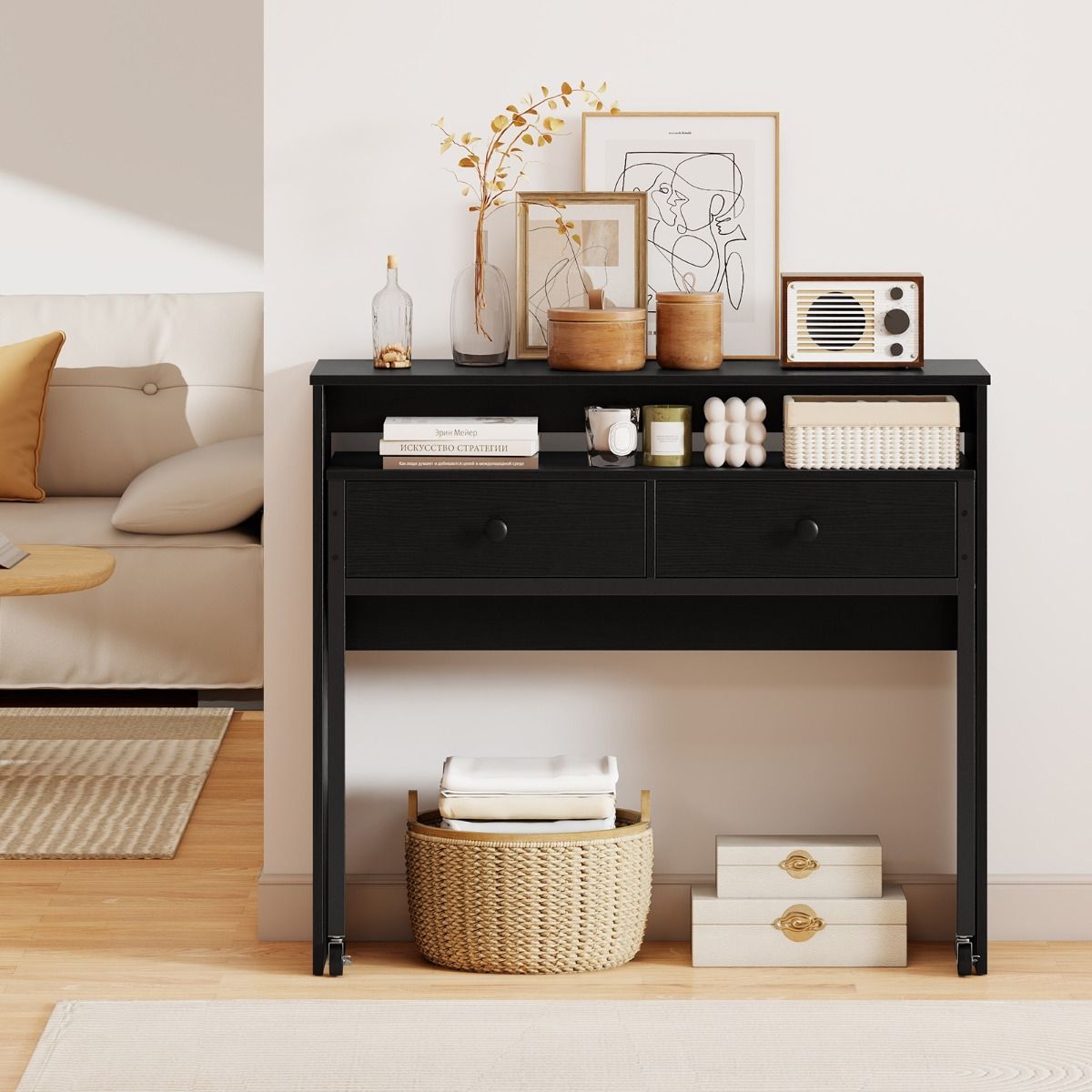 Coast Ausziehbarer Schreibtisch – mit 2 Schubladen – feststellbare Rollen – schwarz – 100 x 63 x 88 cm