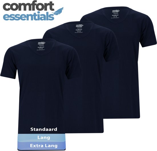 Comfort Essentials - Herren-T-Shirts - Extra lang - Navy XXL - 3er-Pack - V-Ausschnitt - Unterhemd Herren