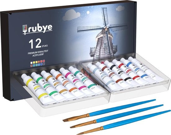 Rubye® Acrylfarbe - Malen - Pinsel - Hobby und Kreativ - Malen nach Zahlen - 22ML Tuben - 12 Farben