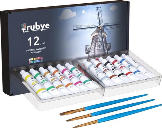 Rubye® Acrylfarbe - Malen - Pinsel - Hobby und Kreativ - Malen nach Zahlen - 22ML Tuben - 12 Farben
