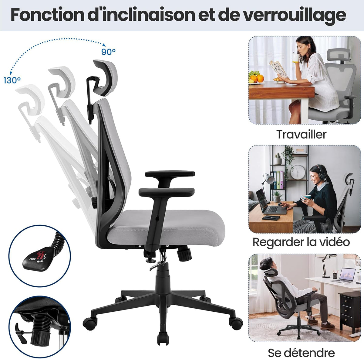 Yaheetech Ergonomischer Bürostuhl mit verstellbarer Lendenwirbelstütze und Kopfstütze 70 × 70 × 125 cm Hellgrau