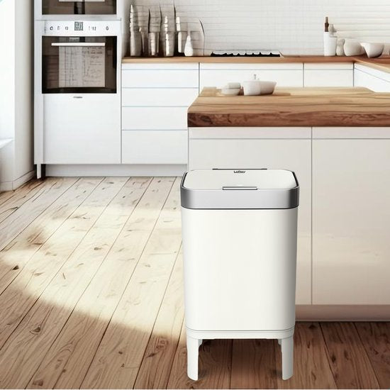 Loftey Mülleimer 60 Liter - Push/touch Mülleimer - Duo Mülleimer mit Inneneimer - Mülleimer 2 Fächer - Abfalltrennung 2x30L - Küche - Weiß/RVS