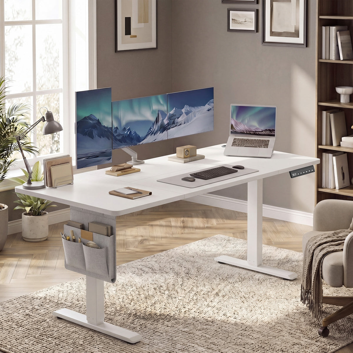 JOYFURNOS Elektrisch höhenverstellbarer Schreibtisch, 180 x 80 cm, stufenlos verstellbar, Speicherfunktion für 4 Höhen, wolkenweiß