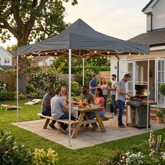 VDD – Partyzelt – 3 x 3 m – Easy Up, zusammenklappbar – wasserdicht – Pavillon – zusammenklappbares Zelt mit Tragetasche – Partyzelt für Garten, Feste und Veranstaltungen – Camping – schneller Aufbau – grau