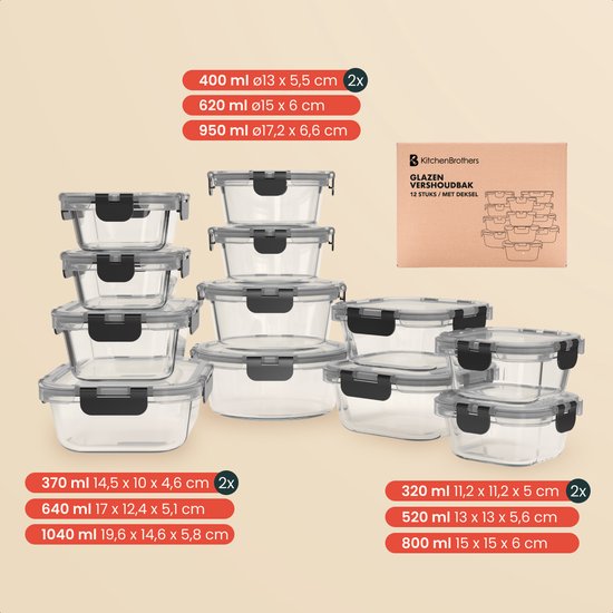 KitchenBrothers Meal Prep Trays Set - Glas Lebensmittel Lagerung Schalen - luftdicht - BPA frei - Gefrierschrank Schalen - Lagerung Schalen - 6.79L - Glas - 12 Stück