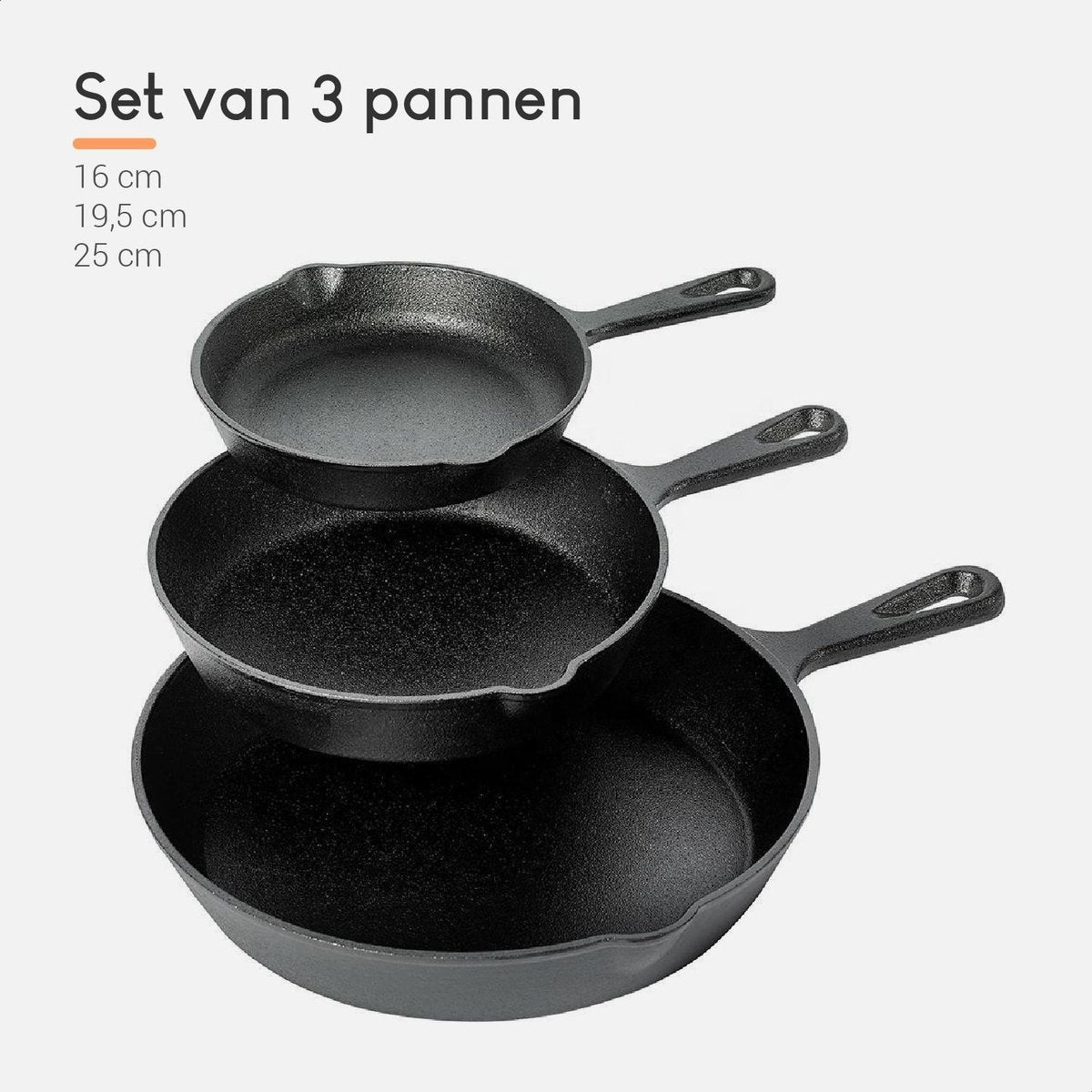 Ocina - Gusseisenpfanne - 3er Set - 25cm/19.5cm /16cm - Induktionspfannen - Schwarz