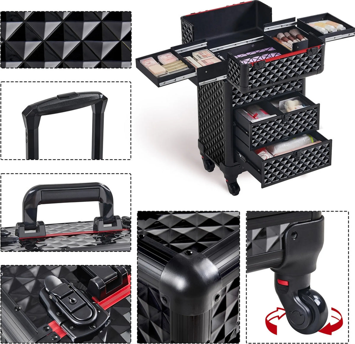 Yaheetech Schminkkoffer auf Rädern - mit 2 Schubladen und ausziehbarem Griff und rautenförmiger Dekoration - für Kosmetikerinnen und Nageltechnikerinnen - schwarzes Metall und MDF - 34,5 x 24,5 x 58 cm