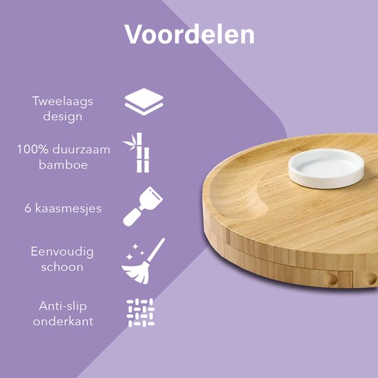 TidyHome® Trinkbrett - Käsebrett - Bambus - Holz - Ø 33cm - Tapasbrett rund - Käsebrett mit Messern - Komplett-Set mit 6 Käsemessern - Servierbrett