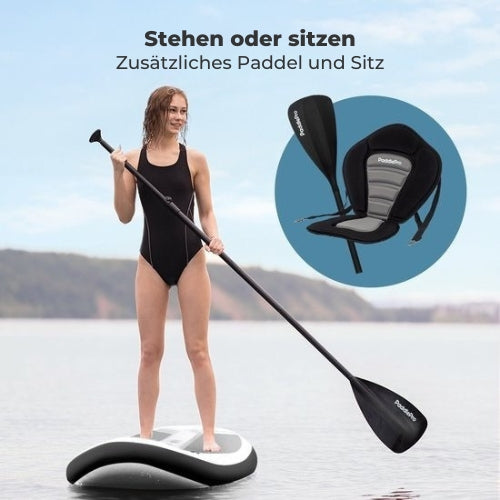 LifeGoods SUP Board - Deluxe Set - Mit Sitz - Aufblasbares Paddle Board - Max. 135KG - 320x81cm - Weiß