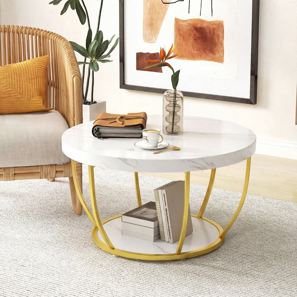 Coast Runder Couchtisch – 2 Ebenen – Metallgestell – weiß – 80 x 45 cm