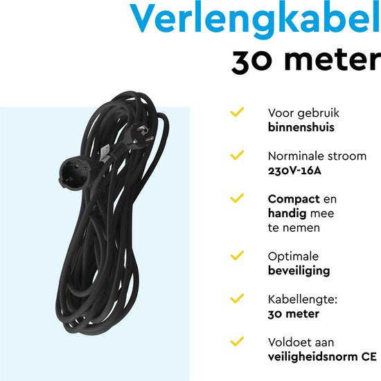BRASQ Verlängerungskabel 30 Meter Schwarz – Verlängerungskabel mit Schutzleiter – Verlängerungskabel für den Innenbereich