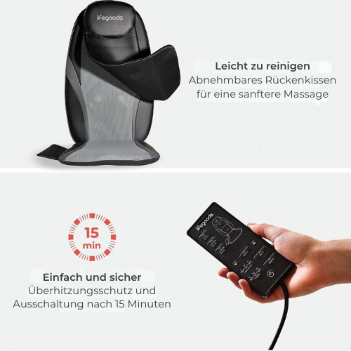 LifeGoods - Massage-Auflage mit Wärmefunktion & Fernbedienung - Shiatsu - Schwarz