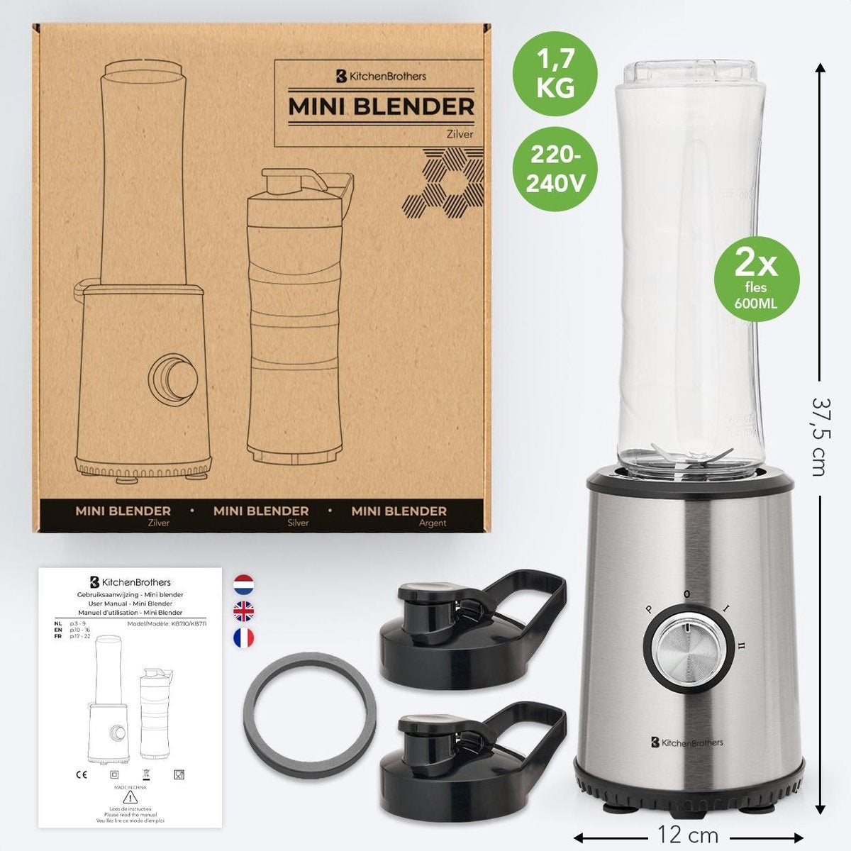 KitchenBrothers Mini Mixer - Smoothie Maker - 2 To-Go Becher - 350W - Edelstahl