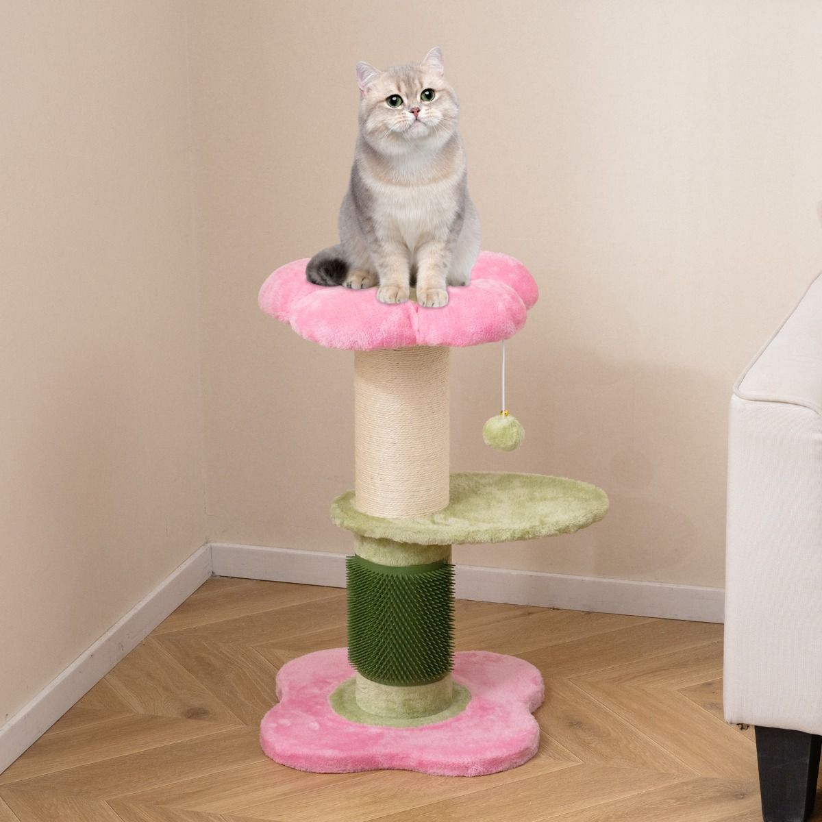 Coast Kratzbaum für Katzen – 3 Etagen – mit Plüsch-Liegefläche und Blumenplattformen – rosa – 69 cm
