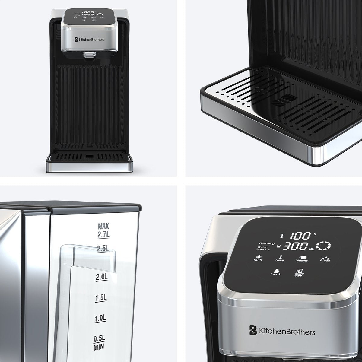 KitchenBrothers - Heißwasserspender - Touch Display - Milchfunktion - 2.7L - 2600W - Edelstahl/Schwarz