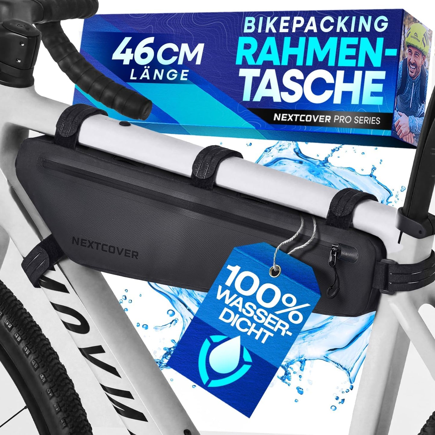 Nextcover® Bikepacking Rahmentasche - 46 cm - Fahrradtasche Rahmen - Unterrohrtasche Fahrrad - Für Gravelbike, Rennrad, MTB