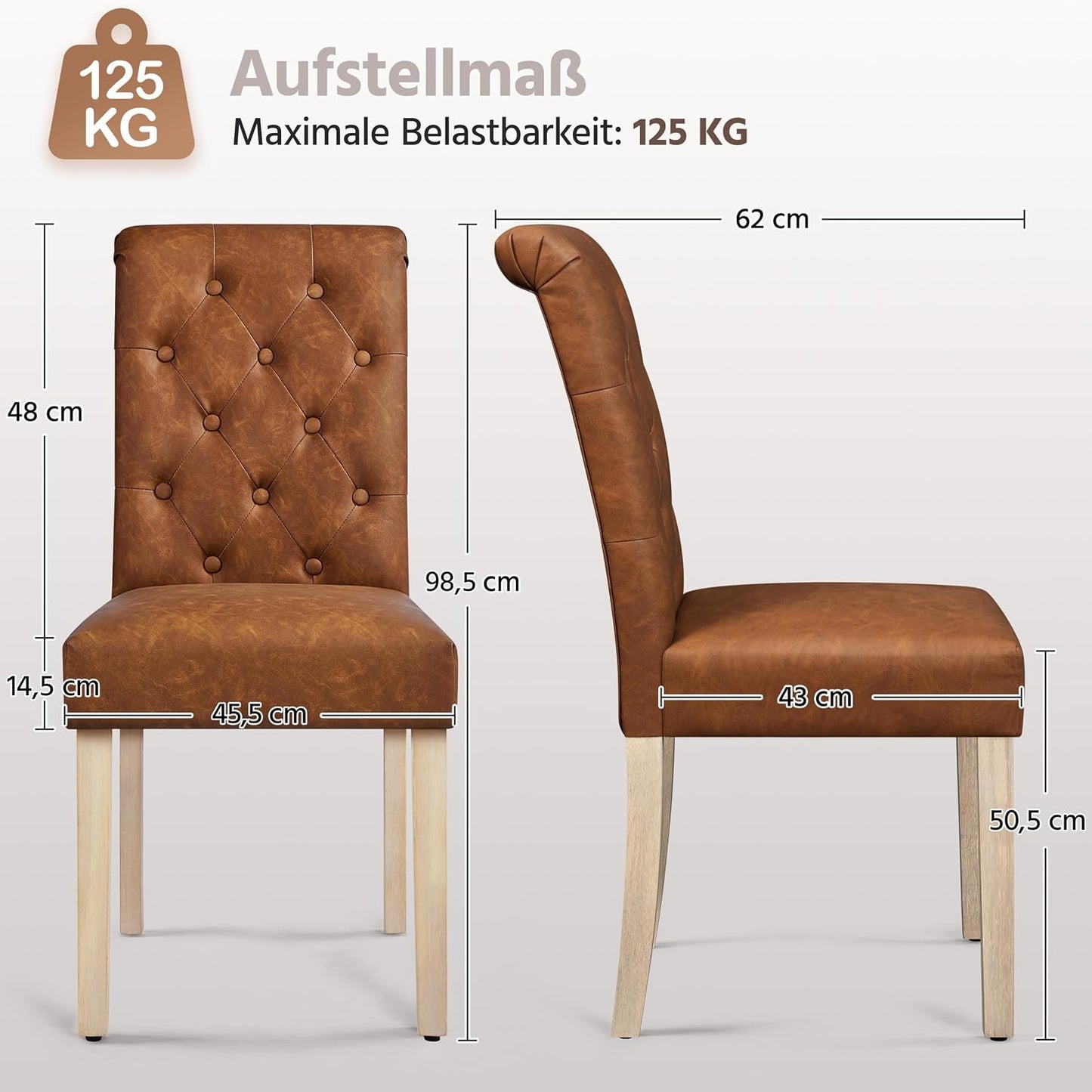 Yaheetech Esszimmerstühle, 2er-Set – Gepolsterte Küchenstühle mit hoher Rückenlehne – 62 x 45,5 x 98,5 cm – Braun