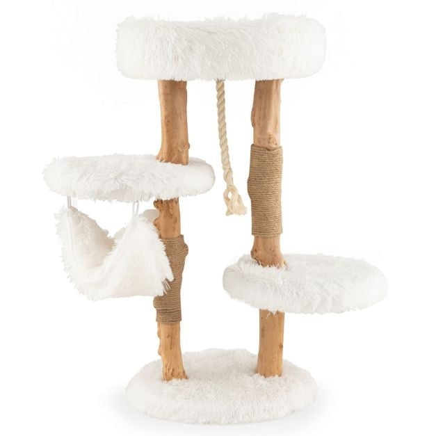 87 cm Holzkratzbaum mit Hängematte Verschiedene Plattformen Katzenturm mit weichem Kissen Aufhängbares Sisalseil