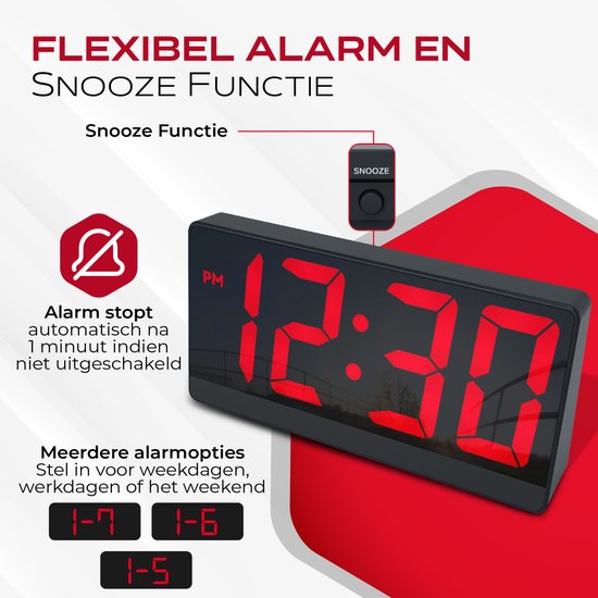 Caliber Digitaler Wecker – Digitale Wecker – Einstellbare Schlummerzeit – Wecker – Dimmbares Display – Digitale Uhr für das Schlafzimmer – USB-Ladegerät