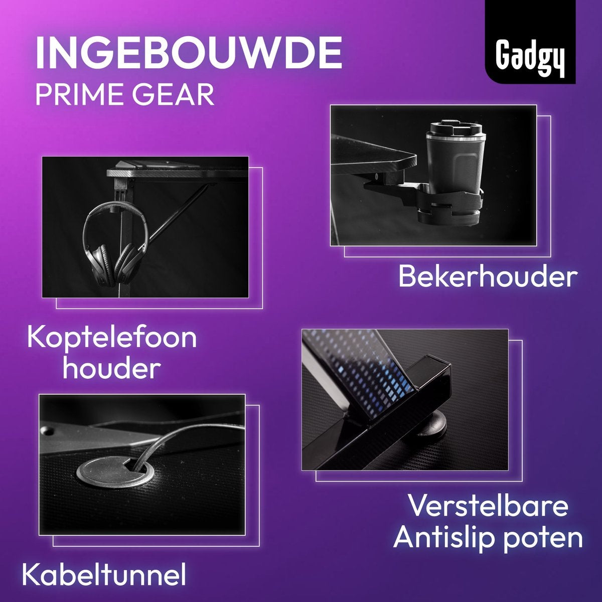 Gadgy Game Desk Carbon - Gaming Desk 110 CM Wide - Gaming Desk mit Carbon Details - Gaming Tisch mit Kopfhörerhalter, Tassenhalter & Kabeltunnel - Level Up Gaming mit Gadgy - Black Carbon