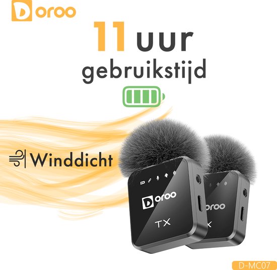 Doroo® Professionelles drahtloses Mikrofon – 2 Stück – Lavalier-Mikrofon – Windschutz – Extra lange Akkulaufzeit – Krawattenklammer – Professionelle Audioqualität – USB-C/Lightning/AUX-Funkmikrofon für iPhone und Android – Plug & Play – Zwei Jahre Garanti