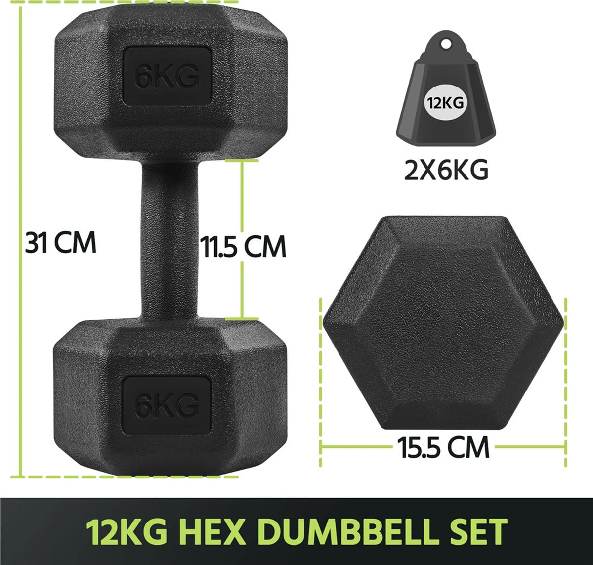 Yaheetech Hantelset 2 Stück - 12 kg - mit sechseckigem Anti-Roll-Design und bodenschonender Kunststoffbeschichtung und ergonomischem Griff - für Krafttraining und Cardio - schwarzer Beton und Metall - 31 x 15,5 x 14 cm