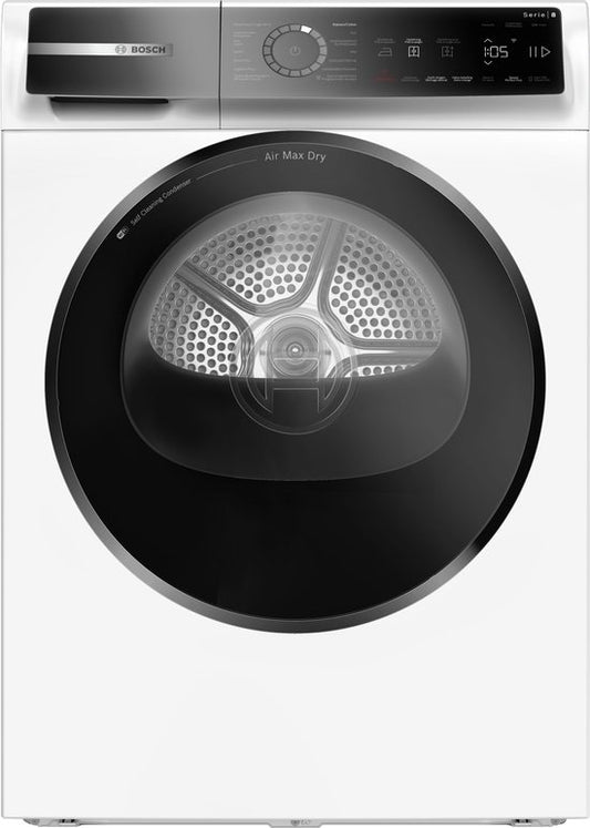 Bosch WRB247D0FG – Serie 8 – Wäschetrockner – Wärmepumpentrockner – 9 kg – Energieeffizienzklasse A – Selbstreinigender Kondensator – Dauerhaft energieeffizient – Air Max Dry: perfekte Trockenergebnisse und geringer Energieverbrauch.