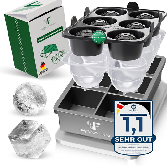 Neighbour's Friend Patentierte Eiskugelform mit XXL Eiswürfelform - Große Eiswürfelform rund Platinsilikon für Cocktails, Whisky & Longdrinks - 6x Eiswürfel & 6x Eiskugeln spülmaschinengeeignet
