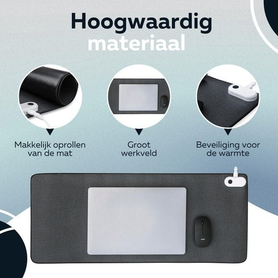 WURK Professional Beheizte Schreibtischunterlage - 30â„ƒ bis 50â„ƒ - Schreibtisch-Organizer - Inklusive Kabelclip - Schwarz - 80x33