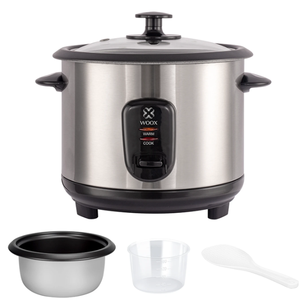 Woox Elektrischer Reiskocher 1 Liter – Schwarz & Edelstahl – Glasdeckel