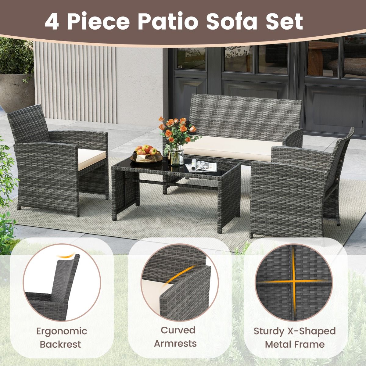 Coast 4-teiliges Gartenmöbel-Set – Rattan-Lounge-Set mit weißen Kissen – Tisch mit Sicherheitsglas – grau