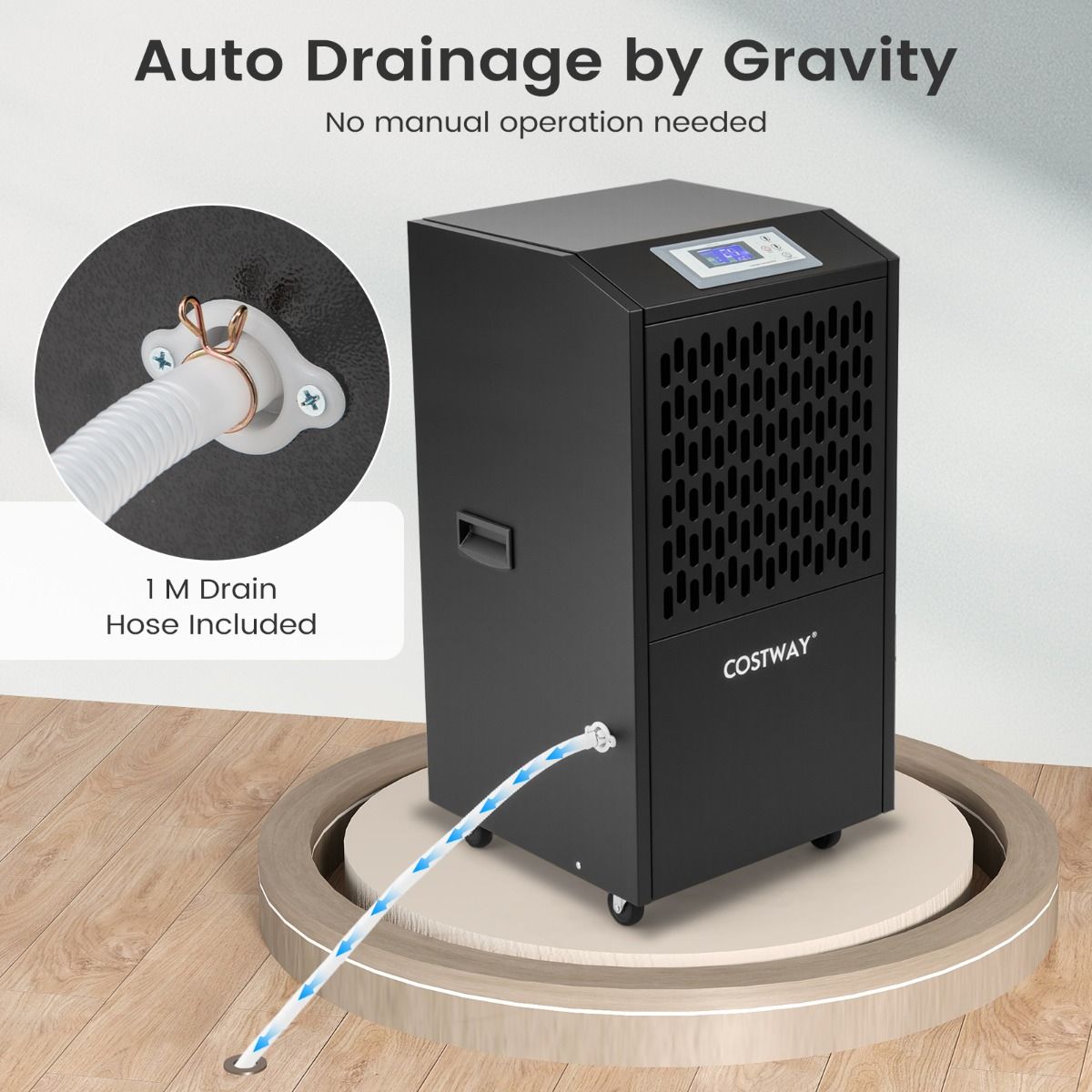 Coast Industrial Luftentfeuchter 118 L/Tag - 42,5x42x81,5 cm - Schwarz - Mit Ablassschlauch, 24h Timer & Rädern