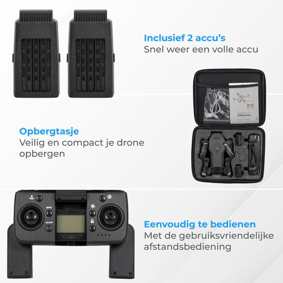 Nuvance - Drohne mit Kamera und GPS - 1080p Mini-Kamera - für draußen und drinnen - inkl. Tasche und 2 Akkus - Schwarz