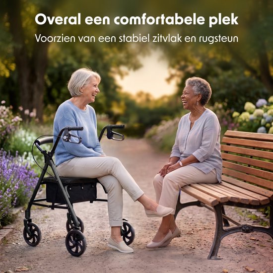 LifeGoods Basic Rollator – Leicht und zusammenklappbar (8,7 kg) – Mit Sitz und Rückenlehne – Für drinnen und draußen – Höhenverstellbar – Tragkraft bis zu 136 kg – Schwarz