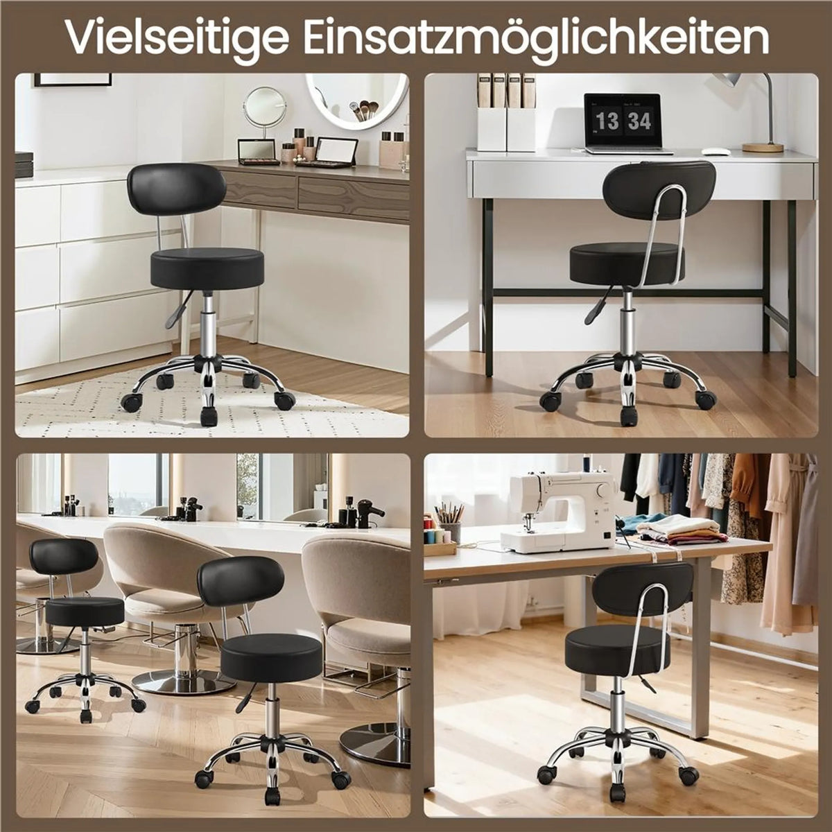 Yaheetech Barhocker Make-up Stuhl - 52 x 44,5 x 75,5-85 cm - Ausgestattet mit 10 cm dicken Sitzkissen und 360° Drehung und verchromtem Metallrahmen - Für Salon und Frisiertisch - Schwarzes Kunstleder und Metall