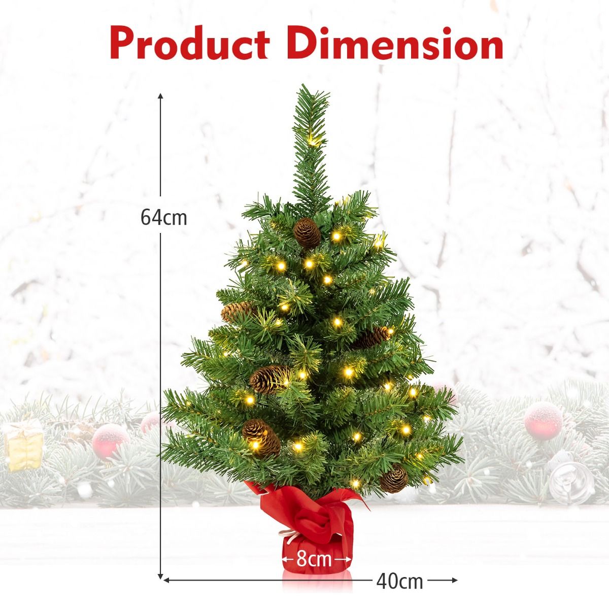 Coast Künstlicher Weihnachtsbaum mit Led-Lichtern und Tannenzapfen - Tischweihnachtsbaum mit Zementsockel - Grün - 64 cm