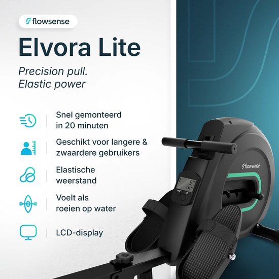 Flowsense Elvora Lite Rudergerät - Zusammenklappbares Rudergerät - Elastischer Widerstand - LCD-Display - Leise & Kompakt - Für Benutzer bis zu 200 cm / 115 kg - Home Fitness Rudergerät