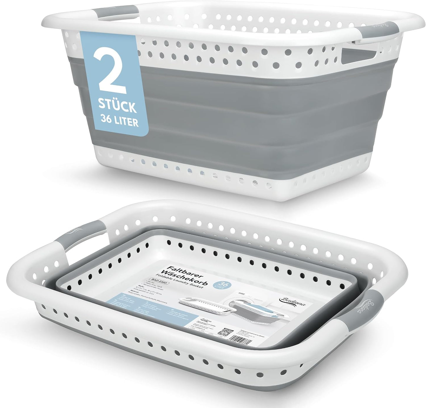 Badiona 2er-Set faltbarer Wäschekorb - 36 Liter - Weiß/Grau - 61 x 45 x 27 cm