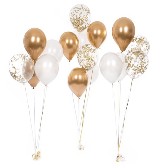 Partizzle 50x Luftballons Weiß und Gold - Helium geeignet - Papierkonfetti - Silvester / Neujahr - Hochzeit, Hochzeit Weihnachten Ballonbogen Dekoration - Latex