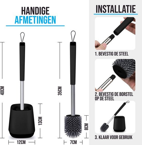Strex Toiletborstel Siliconen met Houder Zwart - Sneldrogend, hygienisch& Antibacterie Werking - WC Borstel - Toilet Borstel Houder