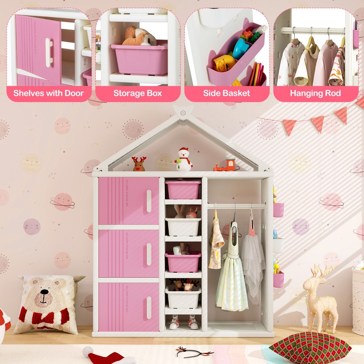 Coast House-förmiges Kinder-Bücherregal mit Garderobe - Kinderzimmer-Spielzeugschrank mit Seitenkörben, 4 Aufbewahrungsboxen und verstellbaren Einlegeböden - Rosa/Weiß - 130×34×156,5 cm