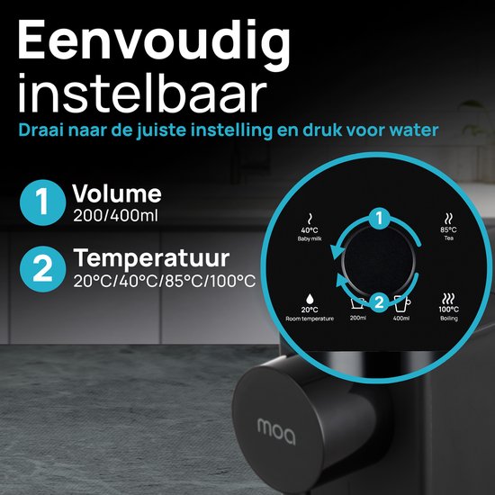 MOA Heißwasserspender HWD01B - Heißwasserhahn - Deluxe-Sofortkocher - Einstellbare Temperatur (20°C, 40°C, 85°C, 100°C) - Volumenauswahl (200 ml, 400 ml) - Heißwasserspender - Babymilchfunktion
