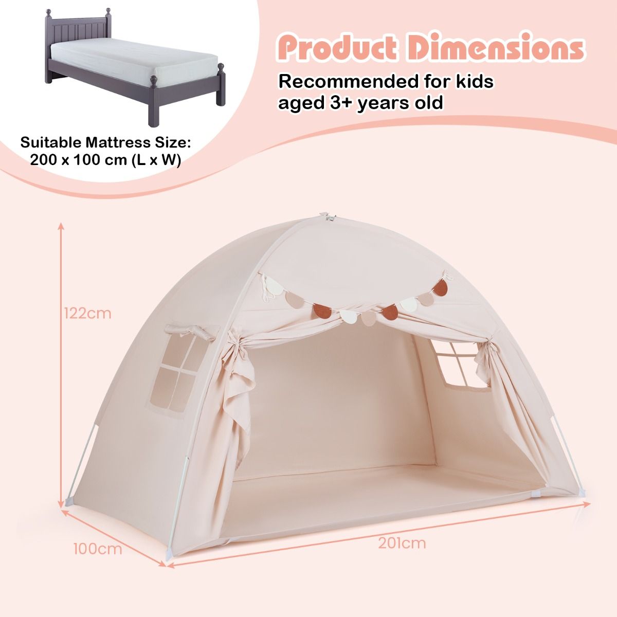 Coast Kinderzelt für zwei Personen – Zusammenklappbares Baldachinzelt – Mit Fenstern und Fahnenbanner – 201 x 100 x 122 cm – Beige