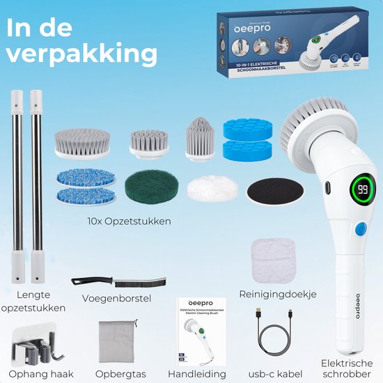 Beepro - Elektrische Reinigungsbürste - Schrubber mit Handgriff - 10 Aufsätze