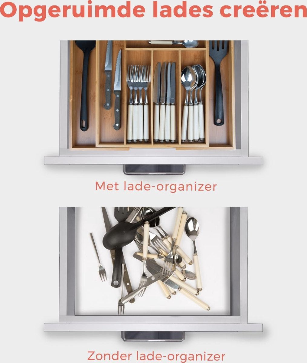 KitchenBrothers Besteckkasten - Verstellbare Besteckschublade - 30 bis 44.5cm - Bambusholz