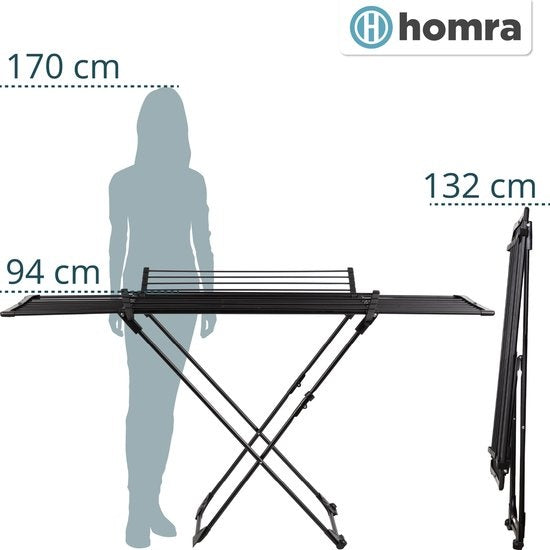 Homra Wäscheständer zusammenklappbar - Bis zu 22m Wäsche - Stehender Wäscheständer zusammenklappbar - Platzsparender Wäscheständer - Trocknungsständer - Ã–kologische Wäschetrocknung - 182x97x103 CM - Metall Schwarz - Geeignet für große Familien