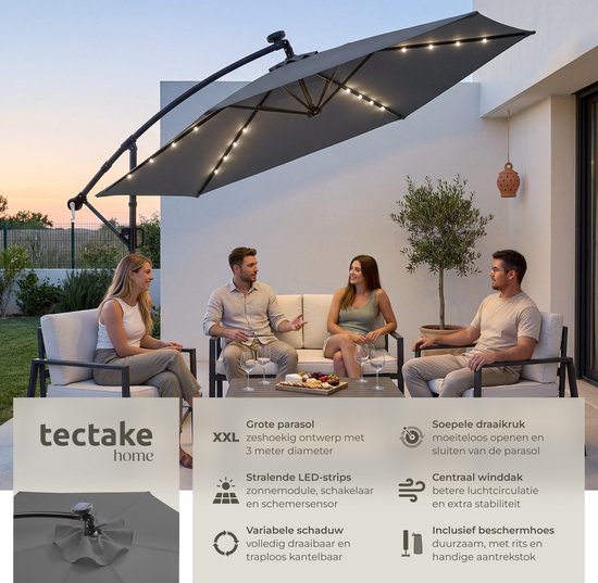 tectake® Schwebeschirm mit Fuß – 3 x 3 m – Gartenschirm mit solarbetriebener LED-Beleuchtung – drehbar – wasserabweisendes Polyester mit UV-Schutz – inklusive Schutzhülle – grau